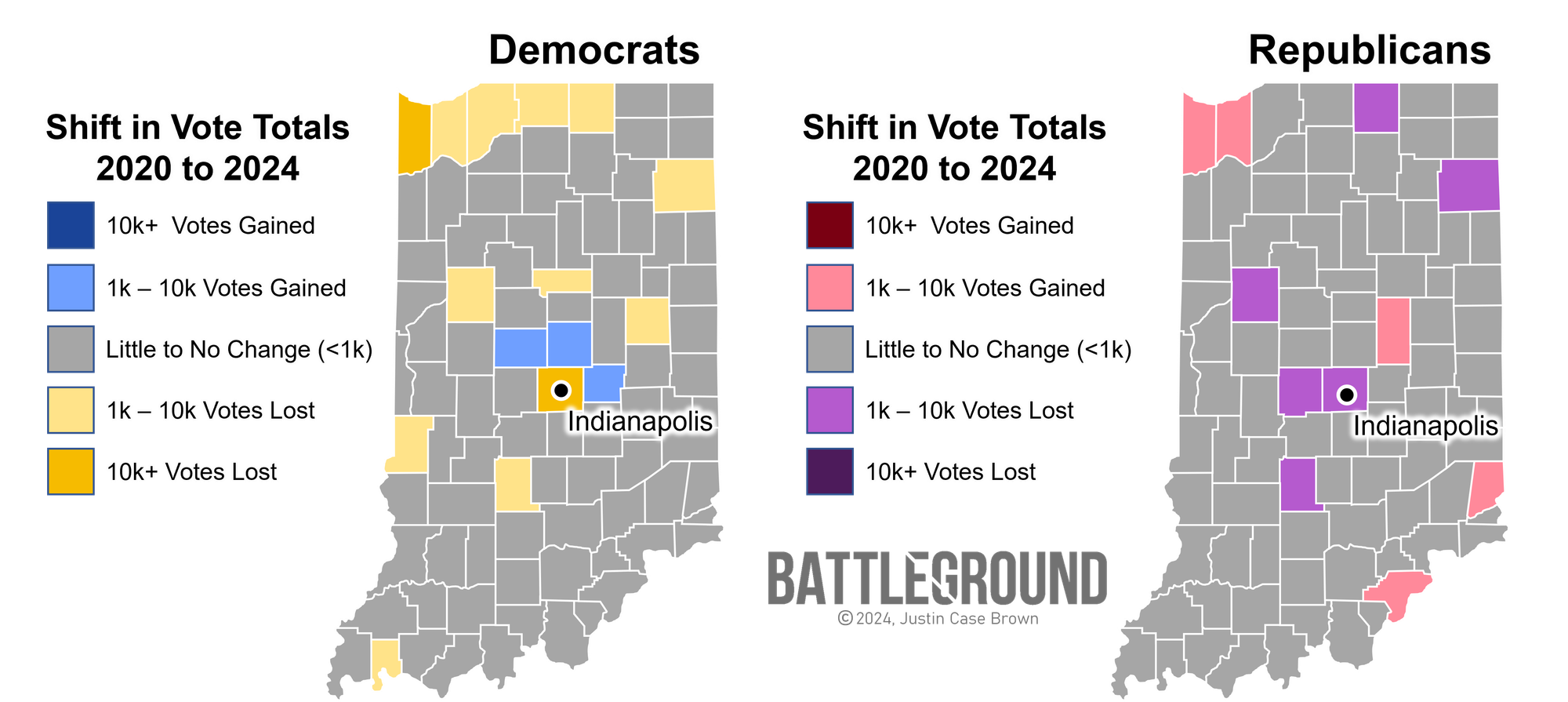 Indiana's Shift in Presidential Vote Totals Map, 2020 - 2024