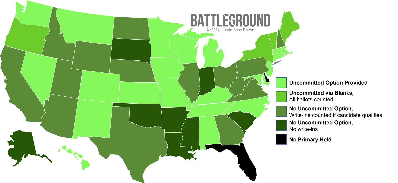 Map of US states that allow uncommitted votes in 2024