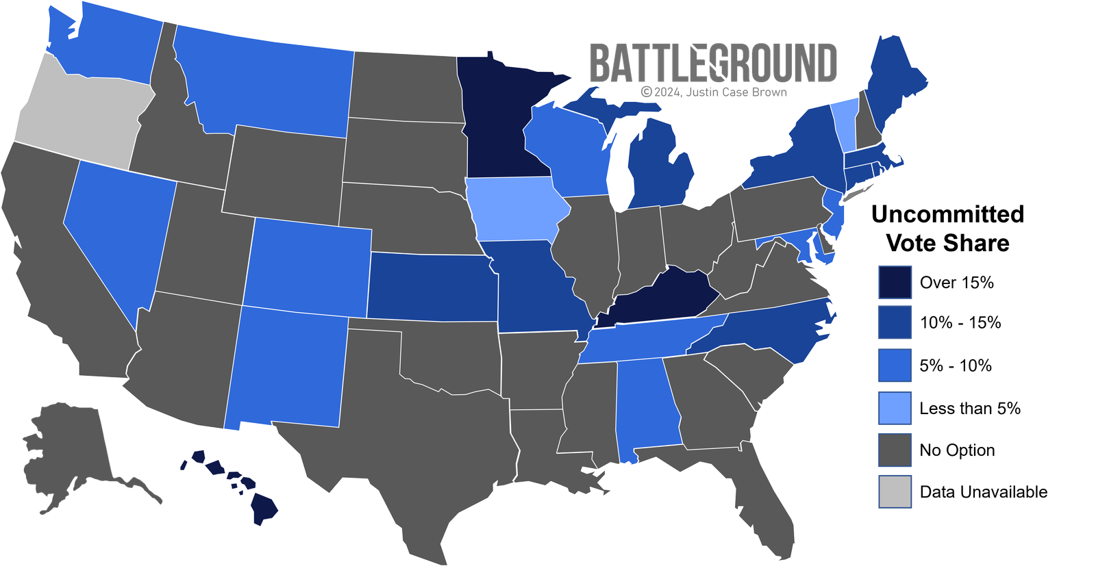 Uncommitted Vote Share in the 2024 Democratic presidential nominating contests, by state