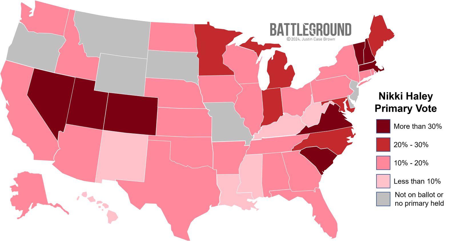 Map of Support for Nikki Haley in the 2024 Republican Presidential Primaries